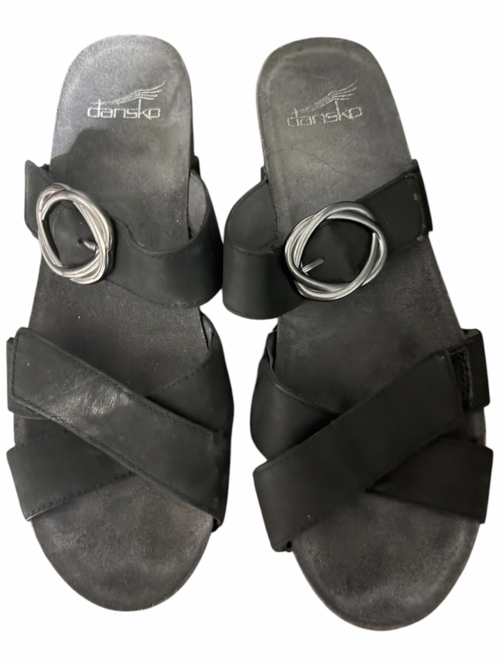 Dansko Black Leather Crisscross Slide Sandals with Silver Buckles